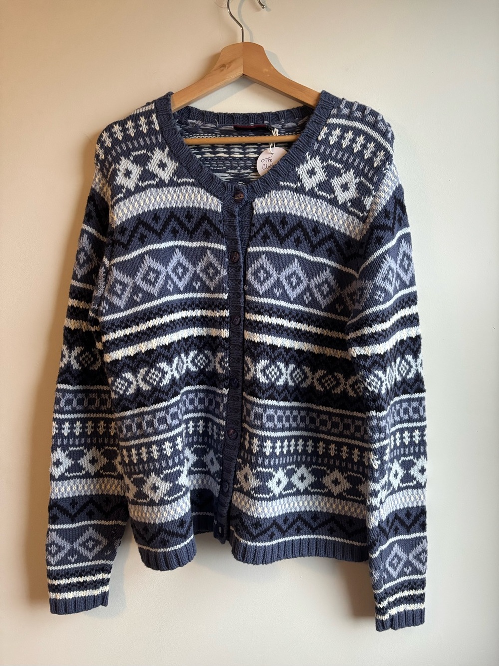Vintage Denver Hayes Navy and Cream Fair Isle Knit Cardigan Sweater